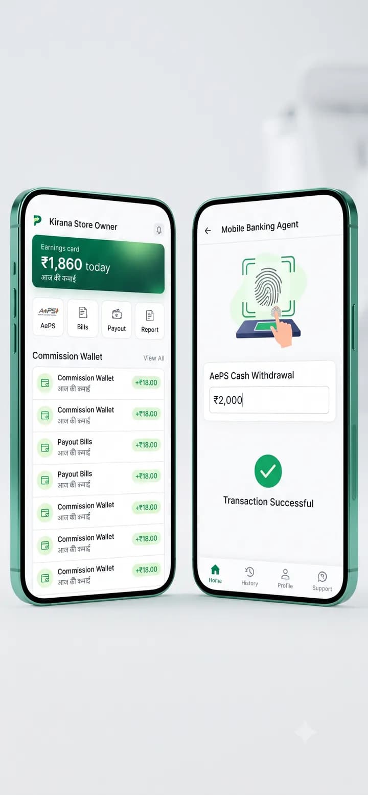 Paydoot retailer app showing today's earnings, AePS withdrawal and commission wallet